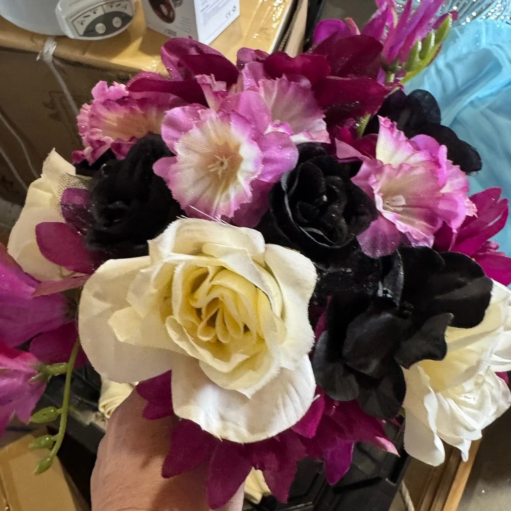 Silk Floral Bouquet in Cream, Black & Magenta - Home Accents
